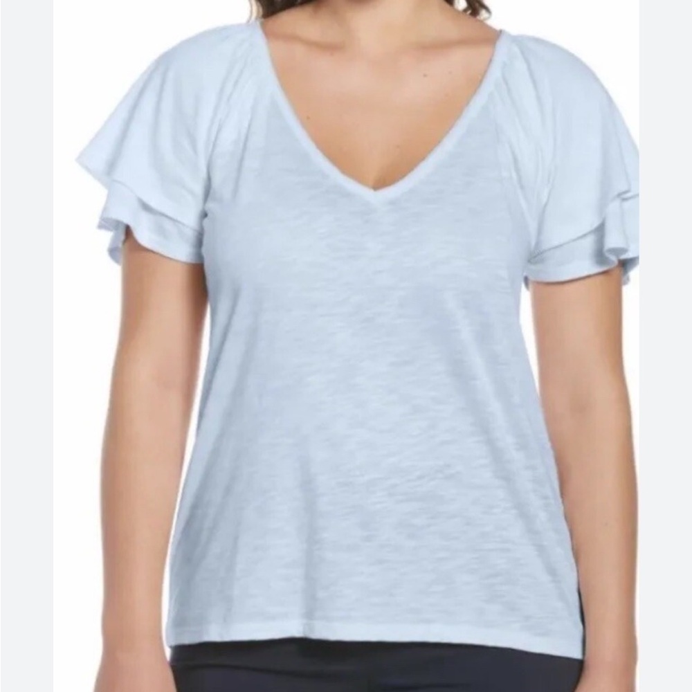 Rafaella Women's V-Neck  Knit Top. Light Blue, Flounce sleeve Large NWT